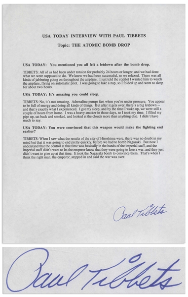 Paul Tibbets Signed Statement Regarding Dropping the Atomic Bomb on Hiroshima During World War II -- Including How He Took a Nap Afterwards